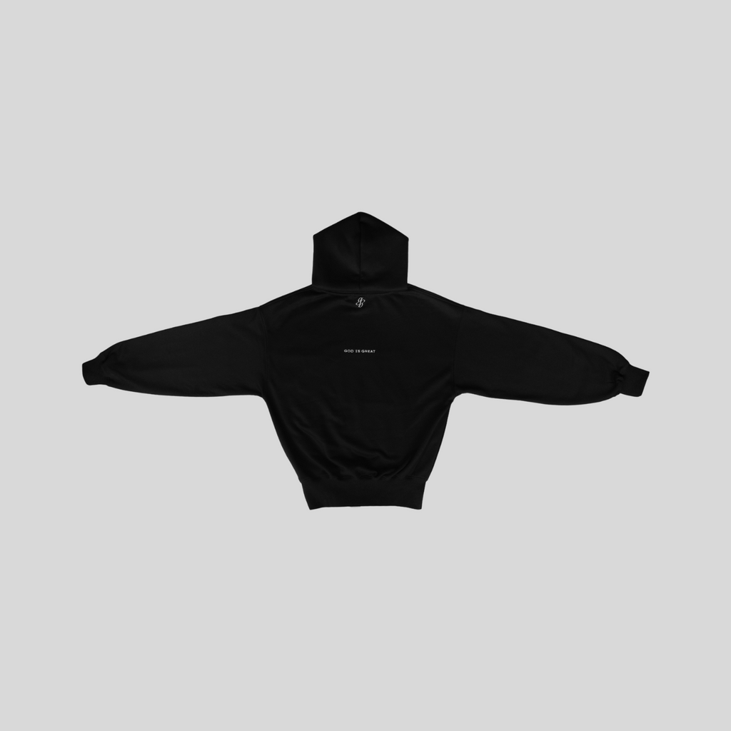 Black hoodie with text on the back against a light gray background