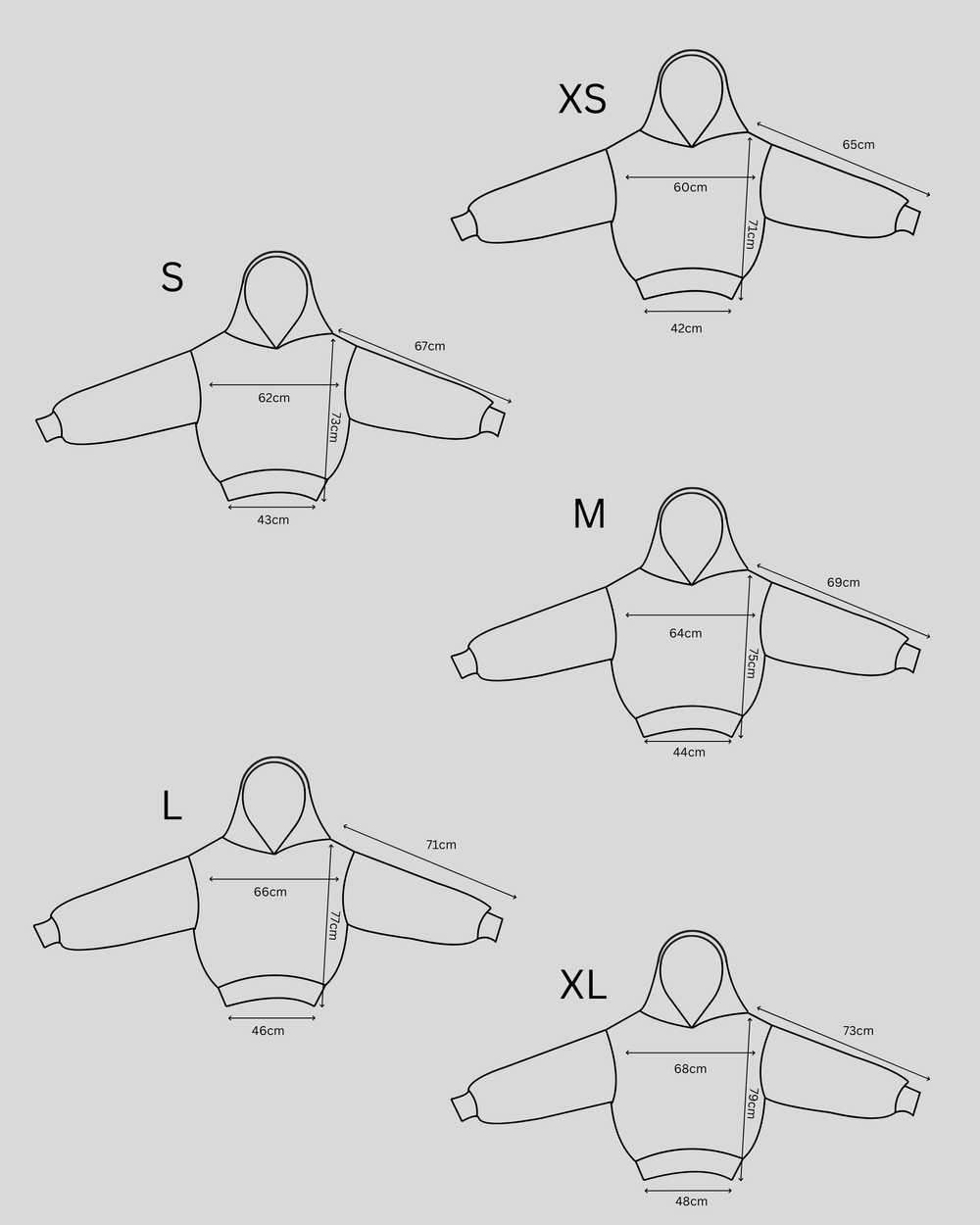 Size chart for a hoodie with measurements in centimeters on a gray background